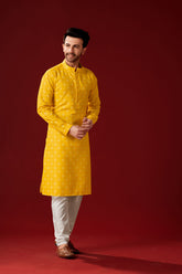 Ensemble pyjama Kurta en coton imprimé moutarde pour homme
